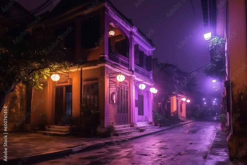 City street with traditional house and glowing purple night lights generative ai