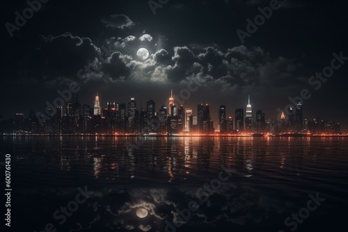 City skyline under moonlight. Generative AI