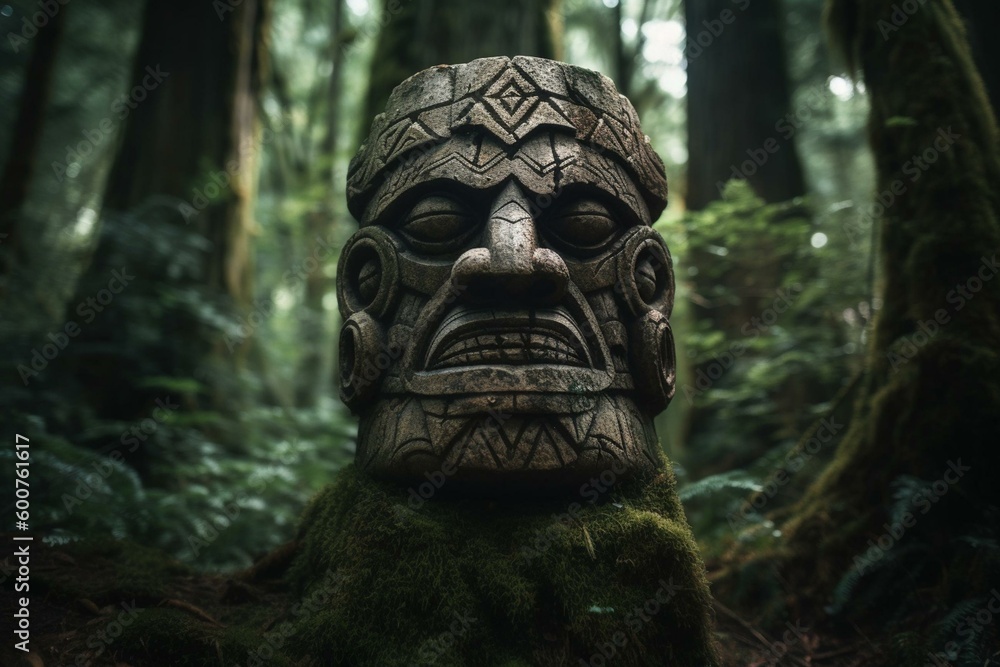 An angered Tiki god's stone head rests in a forest. Generative AI