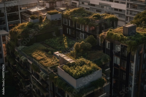 City with eco-friendly rooftops, vertical gardens to combat heat island effect. Generative AI