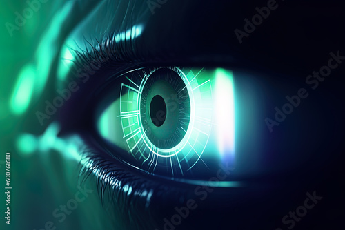 Macro eye with high technology for futuristic virtual reality. Concept of biometric and retinal scanning and personal data security