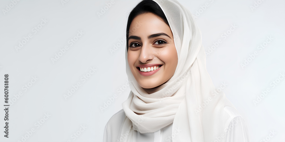 Smiling Arabic female with white hijab on empty background with copy space. Generative AI.