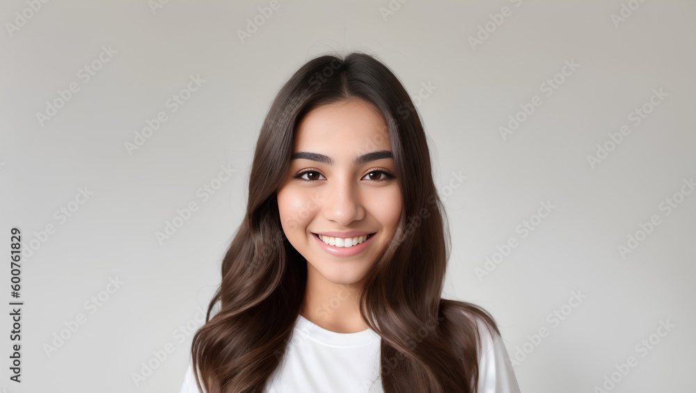 Portrait of young girl with brown hair on isolated background with mockup. Generative AI. Portrait of young girl with brown hair on isolated background with mockup. Generative AI.