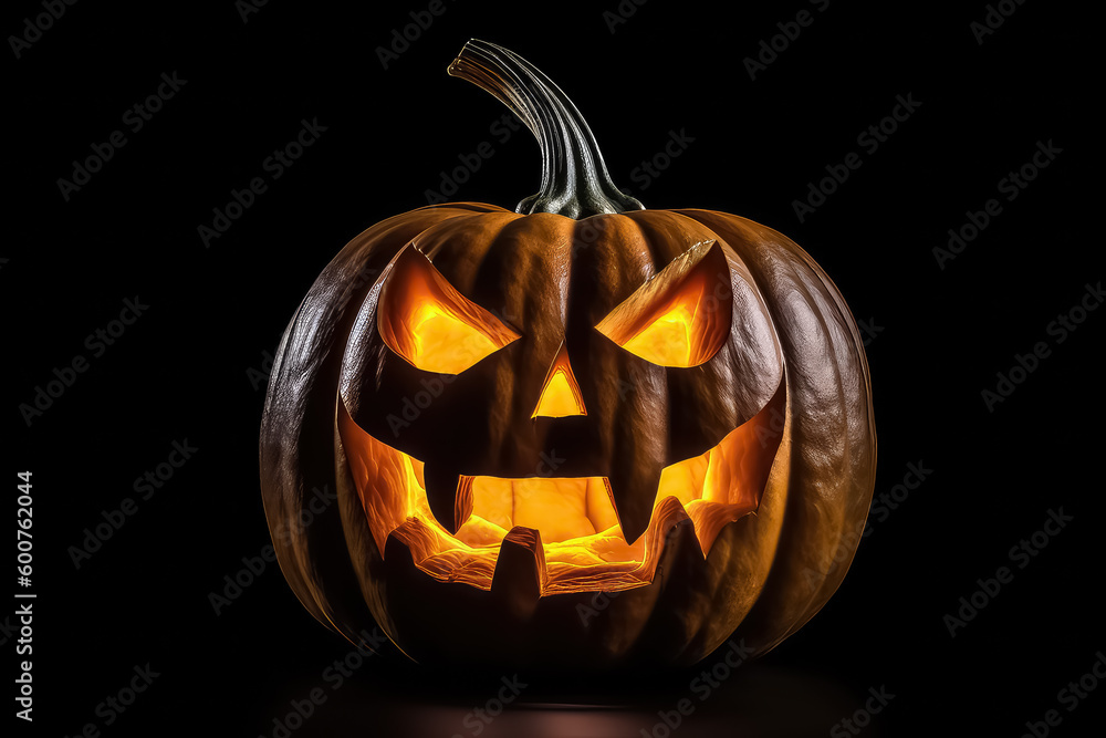 Close-up of a scary Halloween pumpkin with eyes glowing inside on a black background., AI Close-up of a scary Halloween pumpkin with eyes glowing inside on a black background., AI