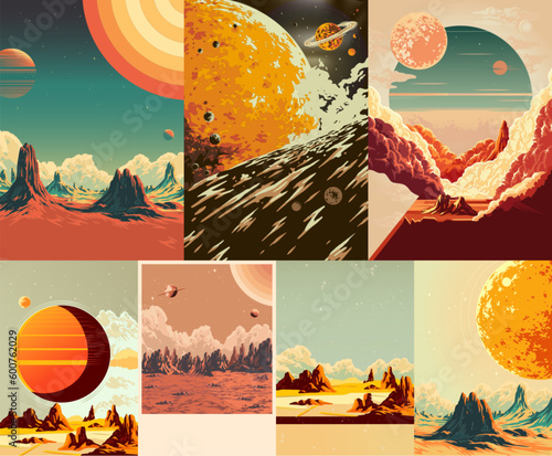 Space landscapes colorful set posters