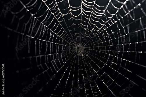 Spider web on black darkness, halloween background, AI © yurakrasil