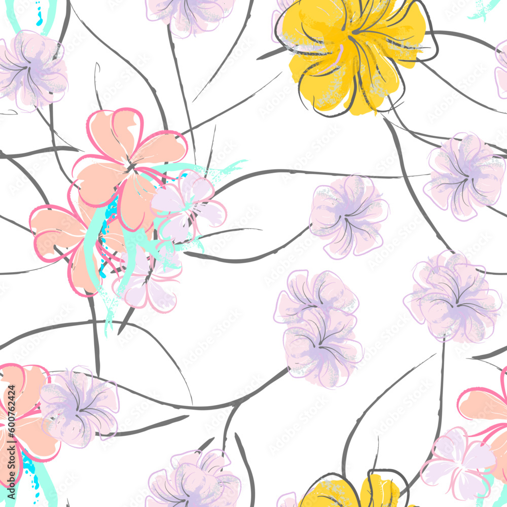Pink Flowers Blooming Pattern. Pastel Watercolor. Pink Flowers Blooming Pattern. Pastel Watercolor.
