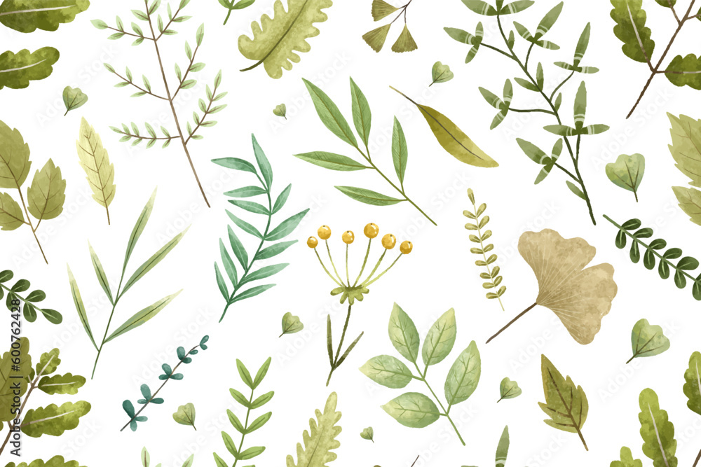 Fototapeta premium botanical seamless pattern with branches, leaves, herbs, illustration