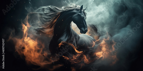 Horse with smoke and fire. Generative AI