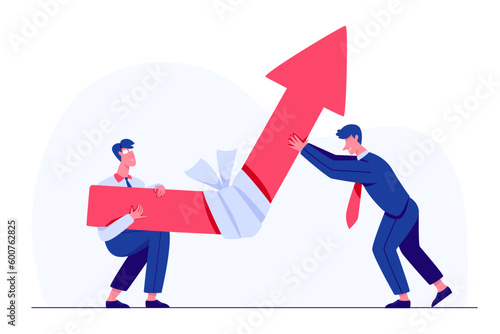Leader stop financial crisis concept. Businesspeople holding upward financial arrow up to growth.