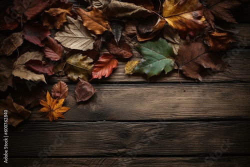 Thanksgiving wallpaper featuring autumn leaves sitting on a rustic wooden table. Generative AI