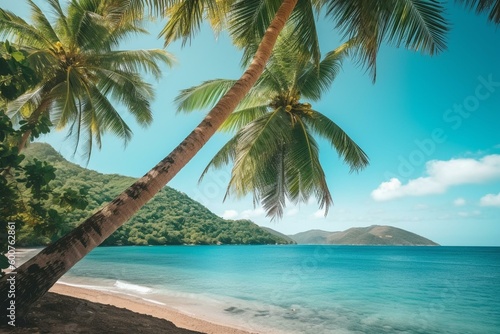 Tropical beach scenery - palm trees, blue skies, ocean with turquoise waters, and mountains in the background. Summertime vibes. Generative AI