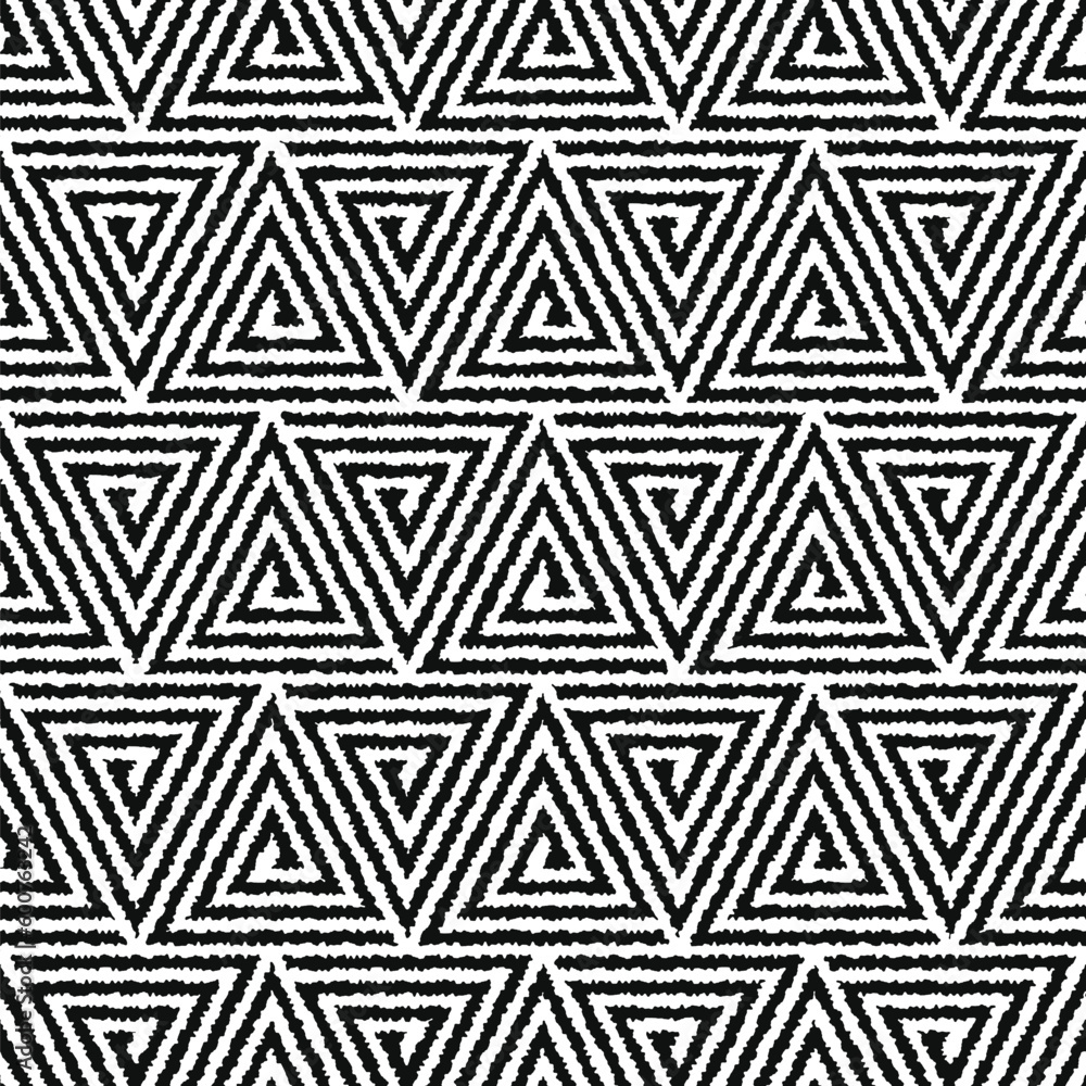 Seamless geometric pattern. Hand drawn black triangles with jagged edges on white background. Traditional ethnic design. Decorative vector illustration for fabric, wrapping, packaging, and prints. Seamless geometric pattern. Hand drawn black triangles with jagged edges on white background. Traditional ethnic design. Decorative vector illustration for fabric, wrapping, packaging, and prints.