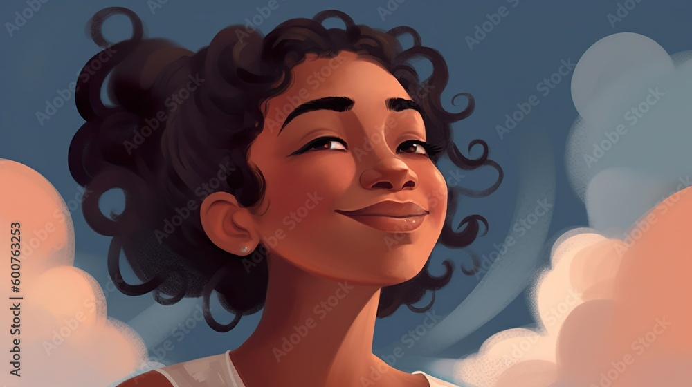 illustration of a Latin American woman's, in the clouds, happy expression