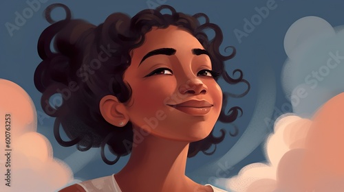 illustration of a Latin American woman s  in the clouds  happy expression