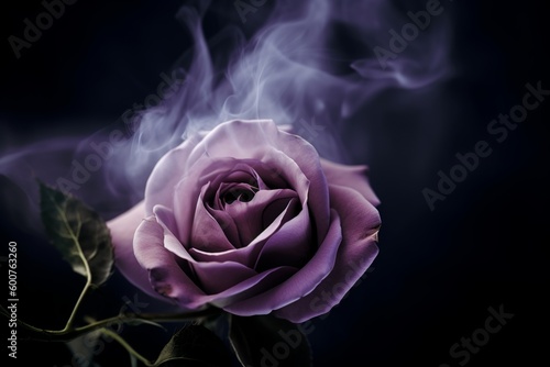 Swirling purple smoke roses on black background from generative ai