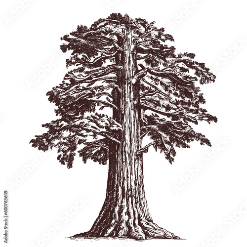 giant sequoia tree, redwood vintage sketch photo