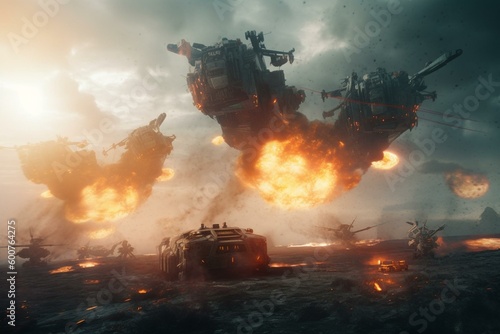 Intense sci-fi battle with futuristic technology and UFOs. Epic heraldic war machines clash in an unforgettable scene. Generative AI