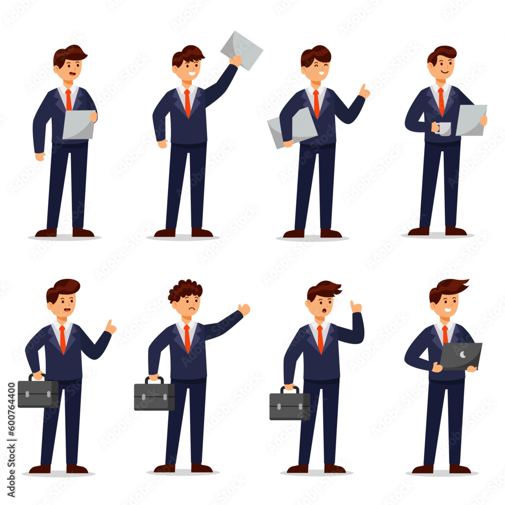Cartoon vector illustration Businessman characters in various poses and laptop or briefcase Cartoon vector illustration Businessman characters in various poses and laptop or briefcase