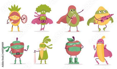 Set of fruit and vegetable with various activity in cartoon character vector