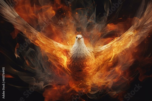 Spiritual artwork featuring Pentecost symbol of dove and flames in modern abstract style with no reference image. Generative AI