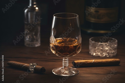Photo of a cigar smoking above a glass of whiskey on a table. Generative AI