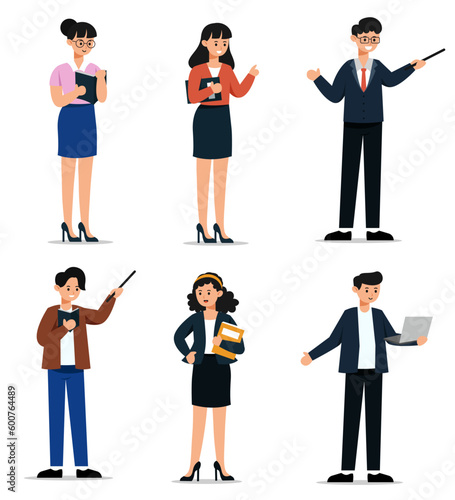 Set of Female and male school teacher in various elements, postures, gestures, clothes isolated on white background.