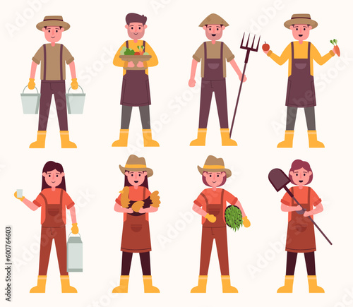 Cartoon farmer characters Agricultural work and harvest local products.