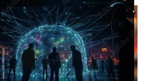 Obraz na plátně A group of scientists gathered around a AI hologram of a complex network with Ge