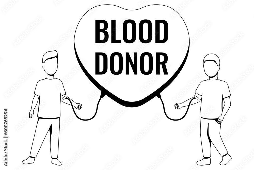 Illustration with two men, blood donor, illustration for blood donor day, black and white illustration, outline. Vector
