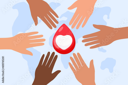 Illustration of hands with a drop of blood and a heart, world map in the background, the concept of blood donation and helping others, vector