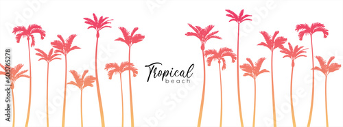 Silhouette palm tree and sunset sky in flat icon design with vintage filter background. Vector 10 eps.