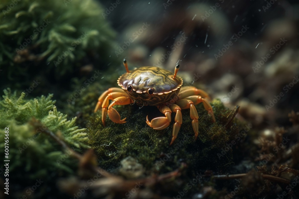 A close up of a protective baby crab on green moss with a convex shell. Generative AI