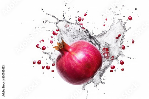 Fresh pomegranate and splashes of water on a white background. AI generative.