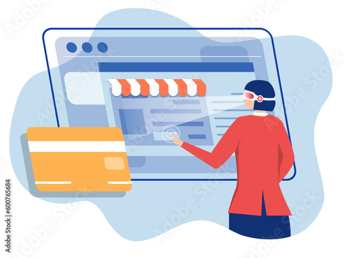 Woman wearing a VR headset is doing a shopping or digital glasses vr vision headset innovation metaverse Flat vector illustration