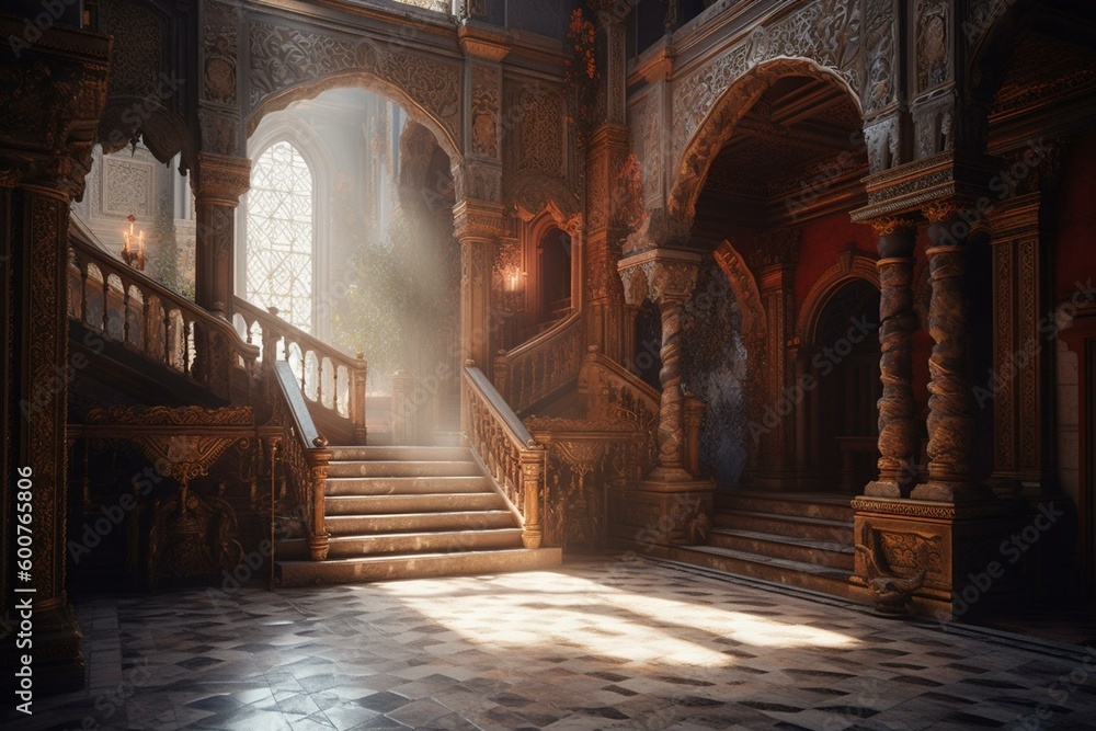 Realistic fantasy golden palace interior with castle backdrop. Generative AI