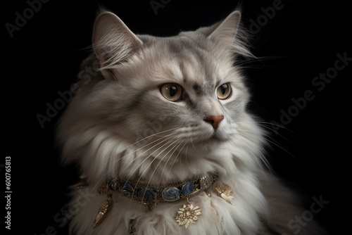 A feline with silver fur sporting a collar made of gold. Generative AI