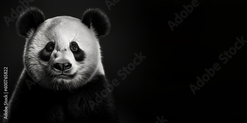 Black and white photorealistic studio portrait of a Giant Panda bear on black background. Generative AI illustration