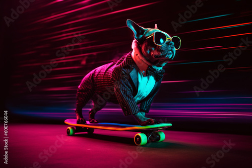 Generative ai funny dog pug with a hat riding a skateboard performing tricks