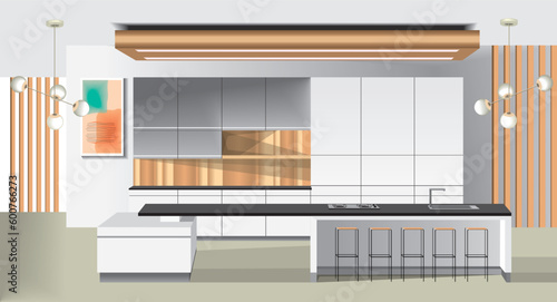 modern minimalistic kitchen interior, spacious light grey and wooden kitchen.