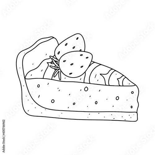 Piece of cake with strawberry on top in hand drawn doodle style. Vector illustration isolated on white. Coloring page.