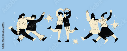 Women friends. Girlfriends spend time together, walking with friend. Powerful women standing, dancing and friendship hugging vector illustrations