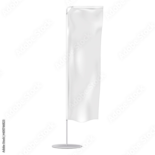 White blank wind dancer flag realistic vector mockup. Rectangular advertising banner with metal pole and base mock-up. Vertical event windflag template for design