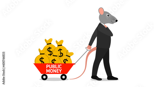 illustration of a corruptor with a rat head pulling a cart filled with bags of money. public money.stop corruption, a corruptor with a rat head, corruption of state money