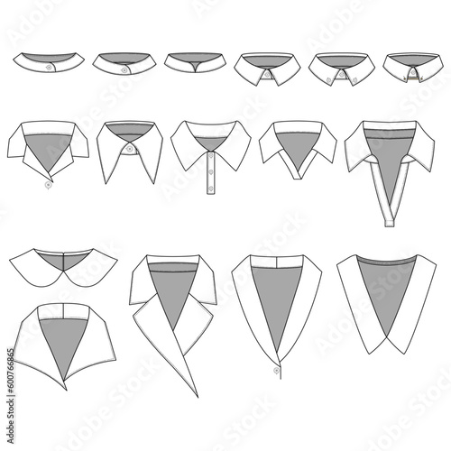 Different types of collars.
A set of neckbands and collars. 
A bunch of hand-drawn shirt's collar.
Hand-drawn collar and neck line vector drawings for clothes and fashion items. photo