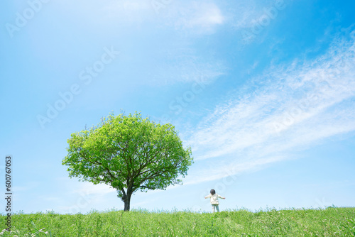 Valokuvatapetti 晴れた日の一本木のある原っぱに立つ子供