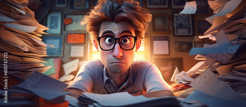 An exhausted man with too much work to do. Work piled up on his desk. Doing his taxes. Generative AI.