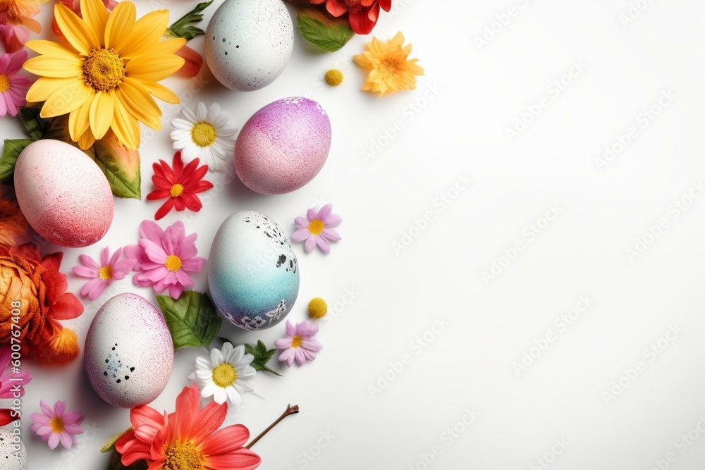 Easter egg banner with flowers on white background. Spring concept with space. Top view. Generative AI