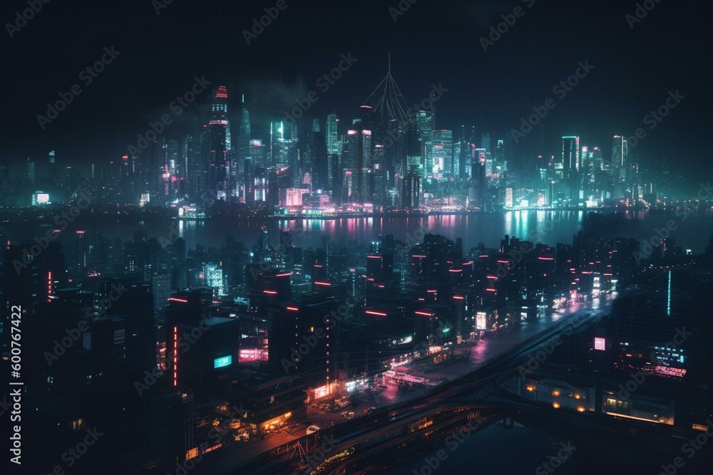 Futuristic skyline with neon lights in a cyberpunk city at night. Generative AI