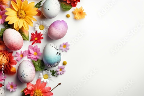 Easter egg banner with flowers on white background. Spring concept with space. Top view. Generative AI
